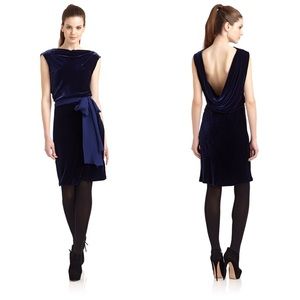 BCBGMaxAzria blue velvet drape back dress.